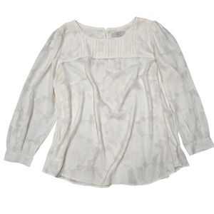LOFT PLUS‎ White Floral Jacquard Pintuck Long Sleeve Blouse Top Plus Size 22